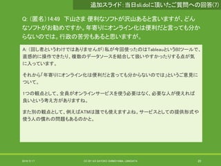 Q: （匿名）14:49 下山さま 便利なソフトが沢山あると言いますが、どん
なソフトがお勧めですか。年寄りにオンライン化は便利だと言っても分か
らないのでは。行政の苦労もあると思いますが。
A: （回し者というわけではありませんが）私が今回使ったのはTableauというBIツールで、
直感的に操作できたり、複数のデータソースを結合して扱いやすかったりする点が気
に入っています。
それから「年寄りにオンライン化は便利だと言っても分からないのでは」というご意見に
ついて。
1つの観点として、全員がオンラインサービスを使う必要はなく、必要な人が使えれば
良いという考え方がありますね。
また別の観点として、例えばATMは誰でも使えますよね。サービスとしての提供形式や
使う人の慣れの問題もあるのかと。
2019/5/17 CC BY 4.0 SAYOKO SHIMOYAMA, LINKDATA 25
追加スライド：当日sli.doに頂いたご質問への回答(7)
 