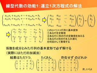 線型代数の効能1：連立1次方程式の解法




              この(n+1)×n行列に基本変形
              ①ある行を定数倍
              ②ある行に別の行の定数倍を加える
              ③ある行と別の行を入れ替え
              を何回かして整理する

係数を成分とみた行列の基本変形で必ず解ける
（実際にはただの加減法）
  結果はただ1つ,   たくさん, 存在せず のどれか


                             次、いくよ
 