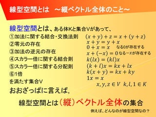 線型空間とは ～縦ベクトル全体のこと～

線型空間とは、ある体Kと集合Vがあって、
①加法に関する結合・交換法則
②零元の存在                 なる0が存在する
③加法の逆元の存在               なる   が存在する
④スカラー倍に関する結合則
⑤スカラー倍に関する分配則
⑥1倍
を満たす集合V
おおざっぱに言えば,
 線型空間とは（縦）ベクトル全体の集合
                 例えば、どんなのが線型空間なの？
 