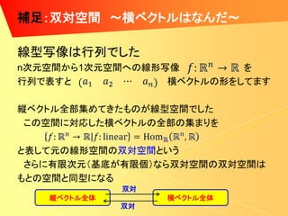 補足：双対空間 ～横ベクトルはなんだ～

線型写像は行列でした
n次元空間から1次元空間への線形写像        を
行列で表すと           横ベクトルの形をしてます

縦ベクトル全部集めてきたものが線型空間でした
 この空間に対応した横ベクトルの全部の集まりを

と表して元の線形空間の双対空間という
 さらに有限次元（基底が有限個）なら双対空間の双対空間は
もとの空間と同型になる
             双対
   縦ベクトル全体        横ベクトル全体
             双対
 