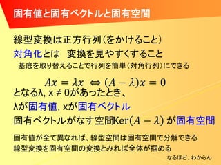 固有値と固有ベクトルと固有空間

線型変換は正方行列（をかけること）
対角化とは 変換を見やすくすること
基底を取り替えることで行列を簡単（対角行列）にできる


となるλ, x ≠ 0があったとき、
λが固有値, xが固有ベクトル
固有ベクトルがなす空間           が固有空間
固有値が全て異なれば、線型空間は固有空間で分解できる
線型変換を固有空間の変換とみれば全体が掴める
                      なるほど、わからん
 