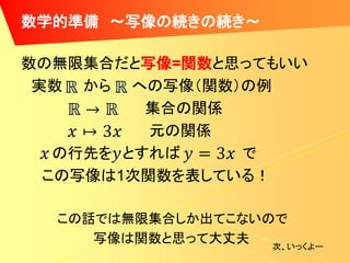 数学的準備 ～写像の続きの続き～

数の無限集合だと写像=関数と思ってもいい
 実数 から への写像（関数）の例
          集合の関係
          元の関係
   の行先を とすれば    で
  この写像は1次関数を表している！

  この話では無限集合しか出てこないので
     写像は関数と思って大丈夫  次、いっくよー
 