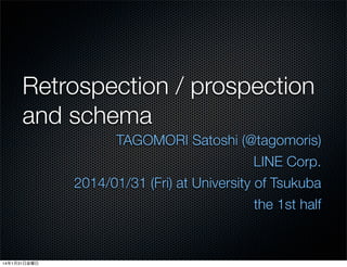 Retrospection / prospection
and schema
TAGOMORI Satoshi (@tagomoris)
LINE Corp.
2014/01/31 (Fri) at University of Tsukuba
the 1st half

14年1月31日金曜日

 