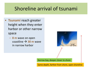 Shoreline arrival of tsunami
• Tsunami reach greater
height when they enter
harbor or other narrow
space
– 8 m wave on open
coastline  30 m wave
in narrow harbor
Narrow bay, deeper closer to shore
Same depth, farther from shore, open shoreline
 