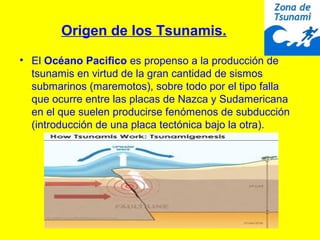 Origen de los Tsunamis.
• El Océano Pacifico es propenso a la producción de
tsunamis en virtud de la gran cantidad de sismos
submarinos (maremotos), sobre todo por el tipo falla
que ocurre entre las placas de Nazca y Sudamericana
en el que suelen producirse fenómenos de subducción
(introducción de una placa tectónica bajo la otra).
 