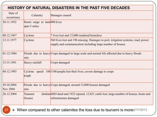 HISTORY OF NATURAL DISASTERS IN THE PAST FIVE DECADES
Date of
occurrence
Calamity Damages caused
30.11.1952 Storm surge in land
upto 5 miles
400 lives
08.12.1967 Cyclone 7 lives lost and 15,000 rendered homeless
12.11.1977 Cyclone 560 lives lost and 196 missing. Damages to port, irrigation systems, road, power
supply and communication including large number of houses
01.12.1984 Floods due to heavy
rain
Crops damaged in large scale and normal life affected due to heavy floods
15.11.1991 Heavy rainfall Crops damaged
04.12.1993 Cyclone speed 188
kmph
1100 people lost their lives, severe damage to crops
29.10.2004 /
Nov 2004
Floods due to heavy
rain
Crops damaged, around 12,000 houses damaged
26.12.2004 Tsunami (Indian
Ocean)
6065 dead and 1922 injured. 12,821 cattle lost, large number of houses, boats and
infrastructure damaged
 When compared to other calamites the loss due to tsunami is more.6/17/201337
 