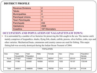 DISTRICT PROFILE
Revenue Divisions 2
Taluks 8
Municipalities 4
Panchayat Unions 11
Town Panchayats 8
Panchayats 434
Habitations 2508
Coastline 187 Kilometers
OCCUPATION AND POPULATION OF NAGAPATTINAM TOWN:
 It is surrounded by a number of ice factories for preserving the fish caught in the sea. The marine catch
mainly comprises of leognathics, sharks, flying fish, chank, catfish, prawns, silver bellies, crabs, rays and
other varieties. Mechanized boats, catamarans and country canoes are used for fishing. This major
fishing hub was severely destroyed during the Indian Ocean Tsunami of 2004.
POPULATION
Area Total
Households
Total
Population
Male Female Sex Area Population
Density
Rural 271827 1158557 576010 582547 1011 225.03 520.69
Urban 71786 330282 163064 167218 1025 191.97 1720.49
Total 343613 1488839 739064 749765 1014 2417.00 615.99
 
