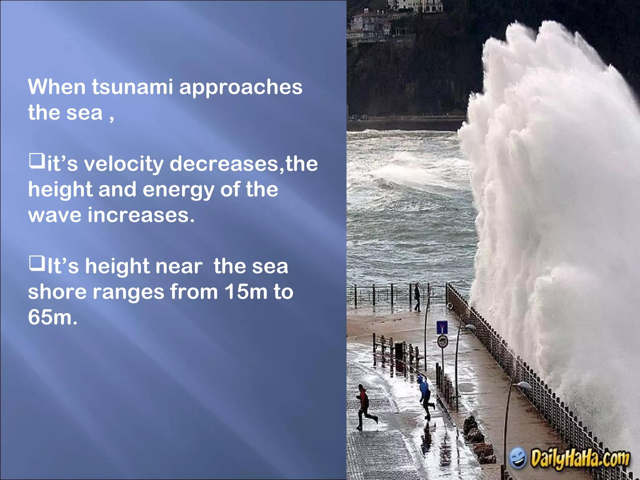 When tsunami approaches
the sea ,
it’s velocity decreases,the
height and energy of the
wave increases.
It’s height near the sea
shore ranges from 15m to
65m.
 