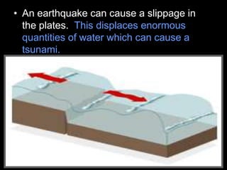 • An earthquake can cause a slippage in
the plates. This displaces enormous
quantities of water which can cause a
tsunami.
 