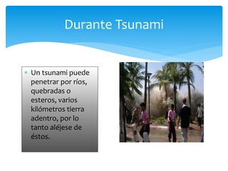  Un tsunami puede
penetrar por ríos,
quebradas o
esteros, varios
kilómetros tierra
adentro, por lo
tanto aléjese de
éstos.
Durante Tsunami
 