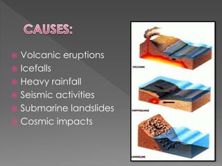  Volcanic eruptions 
 Icefalls 
 Heavy rainfall 
 Seismic activities 
 Submarine landslides 
 Cosmic impacts 
 