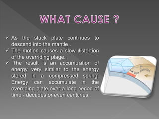  As the stuck plate continues to 
descend into the mantle . 
 The motion causes a slow distortion 
of the overriding plage. 
 The result is an accumulation of 
energy very similar to the energy 
stored in a compressed spring. 
Energy can accumulate in the 
overriding plate over a long period of 
time - decades or even centuries. 
 