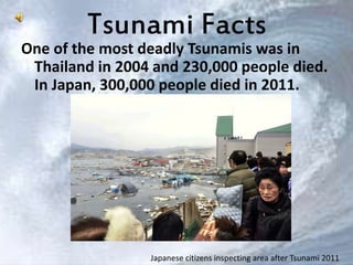 Tsunami Facts 
One of the most deadly Tsunamis was in 
Thailand in 2004 and 230,000 people died. 
In Japan, 300,000 people...