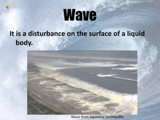 Wave 
It is a disturbance on the surface of a liquid 
body. 
Wave from Japanese Earthquake 
 