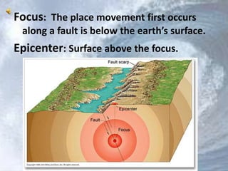 Focus: The place movement first occurs 
along a fault is below the earth’s surface. 
Epicenter: Surface above the focus. 
 
