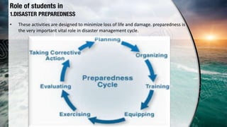 Role of students in
1.DISASTER PREPAREDNESS
• These activities are designed to minimize loss of life and damage. preparedness is
the very important vital role in disaster management cycle.
 