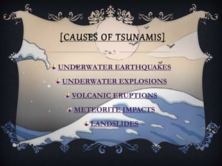 [CAUSES OF TSUNAMIS]
UNDERWATER EARTHQUAKES
UNDERWATER EXPLOSIONS
VOLCANIC ERUPTIONS
METEORITE IMPACTS
LANDSLIDES
 