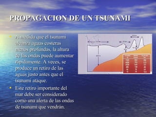 PROPAGACION DE UN TSUNAMI   A medida que el tsunami alcanza aguas costeras menos profundas, la altura de las ondas puede aumentar rápidamente. A veces, se produce un retiro de las aguas justo antes que el tsunami ataque. Este retiro importante del mar debe ser considerado como una alerta de las ondas de tsunami que vendrán. 