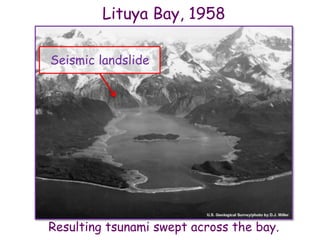 Lituya Bay, 1958
Seismic landslide
Resulting tsunami swept across the bay.
 