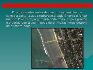 Poucos minutos antes de que un tsunami choque contra a costa, a auga retirarase e poderá verse o fondo mariño. Polo xeral, a primeira onda non é a máis grande e o perigo dun tsunami pode durar moitas horas despois da primeira onda.  Necesidade dun coñecemento básico da física dun  tsunami.   