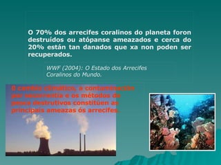 O 70% dos arrecifes coralinos do planeta foron destruídos ou atópanse ameazados e cerca do 20% están tan danados que xa non poden ser recuperados . WWF (2004):  O Estado dos Arrecifes Coralinos do Mundo .                                                                         0 cambio climático, a contaminación por escorrentía e os métodos de pesca destrutivos constitúen as principais ameazas ós arrecifes.   