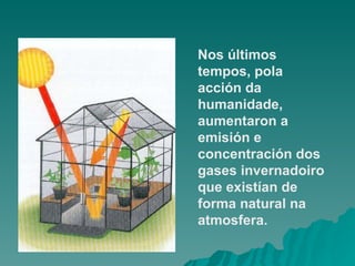 Nos últimos tempos, pola acción da humanidade, aumentaron a emisión e concentración dos gases invernadoiro que existían de forma natural na atmosfera. 