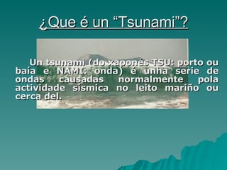 ¿Que é un “Tsunami”? Un tsunami (do xaponés TSU: porto ou baía e NAMI: onda) é unha serie de ondas causadas normalmente pola actividade sísmica no leito mariño ou cerca del. 