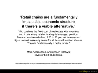 “Retail chains are a fundamentally
         implausible economic structure
        if there’s a viable alternative.”
     “You combine the fixed cost of real estate with inventory,
      and it puts every retailer in a highly leveraged position.
    Few can survive a decline of 20 to 30 percent in revenues.
It just doesn’t make any sense for all this stuff to sit on shelves.
              There is fundamentally a better model.”


                  Marc Andreessen, Andreessen Horowitz
                        Investor bei Fab.com u.a.


 http://pandodaily.com/2013/01/30/andreessen-predicts-the-death-of-traditional-retail-yes-absolute-death/




                                                                                                     excitingcommerce
 