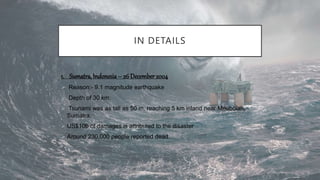 IN DETAILS
1. Sumatra, Indonesia– 26 December 2004
 Reason:- 9.1 magnitude earthquake
 Depth of 30 km.
 Tsunami was as tall as 50 m, reaching 5 km inland near Meubolah,
Sumatra.
 US$10b of damages is attributed to the disaster
 Around 230,000 people reported dead.
 