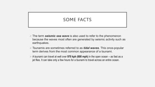SOME FACTS
 The term seismic sea wave is also used to refer to the phenomenon
because the waves most often are generated by seismic activity such as
earthquakes.
 Tsunamis are sometimes referred to as tidal waves. This once-popular
term derives from the most common appearance of a tsunami.
 A tsunami can travel at well over 970 kph (600 mph) in the open ocean – as fast as a
jet flies. It can take only a few hours for a tsunami to travel across an entire ocean.
 
