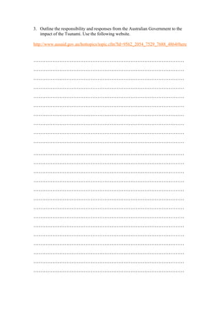 3. Outline the responsibility and responses from the Australian Government to the
   impact of the Tsunami. Use the following website.

http://www.ausaid.gov.au/hottopics/topic.cfm?Id=9562_2054_7529_7688_4864#here


……………………………………………………………………………
……………………………………………………………………………
……………………………………………………………………………
……………………………………………………………………………
……………………………………………………………………………
……………………………………………………………………………
……………………………………………………………………………
……………………………………………………………………………
……………………………………………………………………………
……………………………………………………………………………

……………………………………………………………………………
……………………………………………………………………………
……………………………………………………………………………
……………………………………………………………………………
……………………………………………………………………………
……………………………………………………………………………
……………………………………………………………………………
……………………………………………………………………………
……………………………………………………………………………
……………………………………………………………………………
……………………………………………………………………………
……………………………………………………………………………
……………………………………………………………………………
……………………………………………………………………………
 
