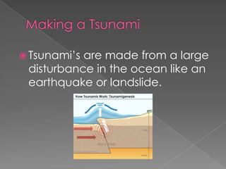 Making a TsunamiTsunami’s are made from a large disturbance in the ocean like an earthquake or landslide.