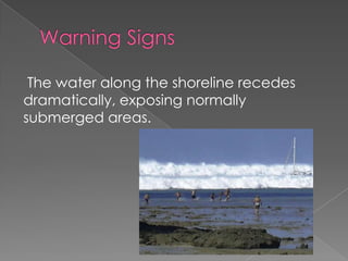 Warning Signs  The water along the shoreline recedes dramatically, exposing normally submerged areas.