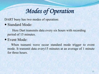 Modes of Operation
DART buoy has two modes of operation:
 Standard Mode:
Here Dart transmits data every six hours with recording
period of 15 minutes.
 Event Mode:
When tsunami wave occur standard mode trigger to event
mode. It transmit data every15 minutes at an average of 1 minute
for three hours.
13
 