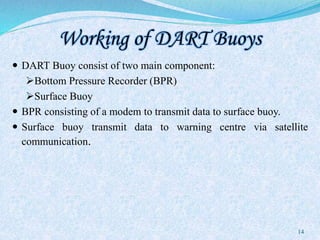 Working of DART Buoys
 DART Buoy consist of two main component:
Bottom Pressure Recorder (BPR)
Surface Buoy
 BPR consisting of a modem to transmit data to surface buoy.
 Surface buoy transmit data to warning centre via satellite
communication.
14
 