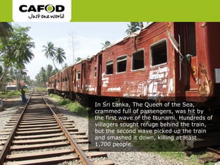 In Sri Lanka, The Queen of the Sea,
crammed full of passengers, was hit by
the first wave of the tsunami. Hundreds of
villagers sought refuge behind the train,
but the second wave picked up the train
and smashed it down, killing at least
1,700 people.
 