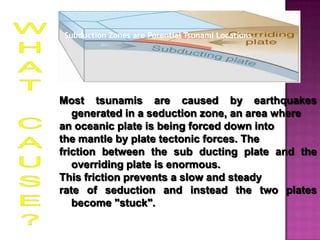 Subduction Zones are Potential Tsunami Locations




Most tsunamis are caused by earthquakes
   generated in a seduction zone, an area where
an oceanic plate is being forced down into
the mantle by plate tectonic forces. The
friction between the sub ducting plate and the
   overriding plate is enormous.
This friction prevents a slow and steady
rate of seduction and instead the two plates
   become "stuck".
 
