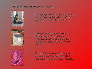 Disappointment after the tsunami   many people that lost their homes in a tsunami can be homeless.  There are thousands of people like this. After a tsunami, it left people foodless and they had to eat rotted, poised, contaminated, or already ate an food on there on risks. You could get many diseases after a tsunami such as; Malaria. And many more flu's that can be deadly. 