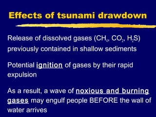 Effects of tsunami drawdown

Release of dissolved gases (CH4, CO2, H2S)
previously contained in shallow sediments

Potential ignition of gases by their rapid
expulsion

As a result, a wave of noxious and burning
gases may engulf people BEFORE the wall of
water arrives
 