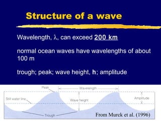Structure of a wave

Wavelength, λ, can exceed 200 km

normal ocean waves have wavelengths of about
100 m

trough; peak; wave height, h; amplitude




                           From Murck et al. (1996)
 