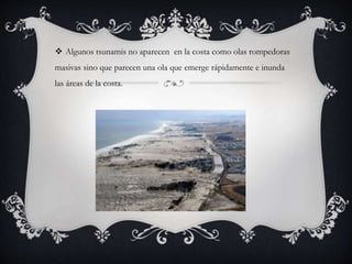  Algunos tsunamis no aparecen en la costa como olas rompedoras
masivas sino que parecen una ola que emerge rápidamente e inunda
las áreas de la costa.
 