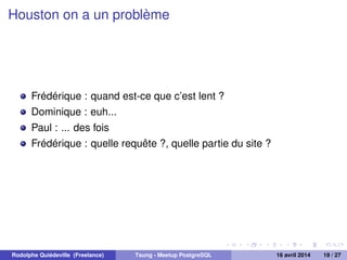 Houston on a un problème
Frédérique : quand est-ce que c’est lent ?
Dominique : euh...
Paul : ... des fois
Frédérique : quelle requête ?, quelle partie du site ?
Rodolphe Quiédeville (Freelance) Tsung - Meetup PostgreSQL 16 avril 2014 19 / 27
 