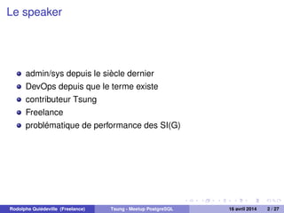 Le speaker
admin/sys depuis le siècle dernier
DevOps depuis que le terme existe
contributeur Tsung
Freelance
problématique de performance des SI(G)
Rodolphe Quiédeville (Freelance) Tsung - Meetup PostgreSQL 16 avril 2014 2 / 27
 