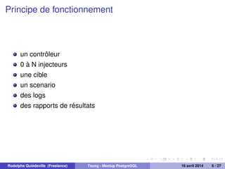 Principe de fonctionnement
un contrôleur
0 à N injecteurs
une cible
un scenario
des logs
des rapports de résultats
Rodolphe Quiédeville (Freelance) Tsung - Meetup PostgreSQL 16 avril 2014 6 / 27
 