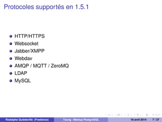 Protocoles supportés en 1.5.1
HTTP/HTTPS
Websocket
Jabber/XMPP
Webdav
AMQP / MQTT / ZeroMQ
LDAP
MySQL
Rodolphe Quiédeville (Freelance) Tsung - Meetup PostgreSQL 16 avril 2014 7 / 27
 