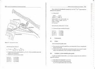 420 COLETA E TRANSPORTE DE ESGOTO SANITÁRIO
Figura LI - Concepção do sistema
Determinação do rebaixo Z:
V - t Qmin
• =ce.=---"-'-""'--
HA.min -Z
o.,
• Largura nominal da calha Parshall: LN= 30, W = 30,5 em (obtido através da
tabela 8.5 do capítulo 8)
• Valores de H" para diversas vazões:
Q=55 tis
Q=136 (l/s
Q=243 tls
0=317 n«
H,=0,196m
H,,==0,349m
H~=0,505m
H"=0,600m
PROJETO DE ESTAÇÕES ELEV JTÓRIAS 421
Para o cálculo H" foi utilizado a equação 0=2,397 WI
•
016
HI.5~H apresentado na
tabela 8.6 do capítulo 8.
• Cálculo de Z
0,055 0,317 '
0,196-Z 0,599-Z
0,055 (0,599 - Z) = 0,317 (0,196 - Z)
0,033 - 0,055Z = 0,062 - 0,317 Z
0,262 Z = 0,029
Z = 0.110 rn
Será utilizado o rebaixo de Z = O,IOrn
• Lâminas de água na calha de Parshall
0=55 Us
Q=136Us
Q=234 fís
Q=317Us
Y=0,096m
Y=(),,249m
Y=0,405m
Y=0,500m
B. Gradeamento
B.I. Grades
Serão utilizadas 02 grades sendo:
• Para operação normal, O1grade fina, com abertura de 19 mm, retangular de
limpeza mecanizada.
• Como reserva, para ser utilizada em parada da grade mecan izada, ()1 grade
média, com abertura de 25111111,inclinada, de limpeza manual.
B.2. Condições a serem atendidas pelas grades
A grade de limpeza mecanizada e a de limpeza manual deverão atender as
seguintes condições:
• Velocidade através da grade: VG::;: 1,2 m/s;
• Velocidade no canal à montante da grade:
VM2: 0,4 m/s (pelo menos uma vez ao dia);
)
, jl, )
,,11', i I
)
III
~ fI )
1
1I
'I )
I,
1
)
e 11
)
li; )
,,' ,
"l,
)• t ~.
~fi
,li: ).~L
.q; (
)
I
:
'!
)
,i )
i
)
)
)
,
)
I',
)!,',
r ~ I
!fí ()
)
)
)
)
)
)
)
)
)
)
)
)
)
)
)
 