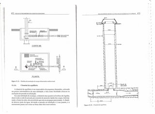 472 COLETA E TRANSPORTE DE ESGOTO SAN tTÁRtO
B
~
-. L
NA
-.C
CORTE BB
poço DE
ESGOTAMENTO
B
~
PLANTA
11.4.6.
Figura 11.21. - Detalhes da instalação do tanque alimcntador unidirccionaL
Chaminé de equilíbrio
A chaminé de equilíbrio é um reservatório de pequenas dimensões, colocado
em pontos intermediários de uma tubulação, e tem como finalidade absorver as
oscilações de pressão na tubulação.
Em uma tubulação de recalque, a chaminé atua quando as bombas são ligadas,
absorvendo a onda de pressão proveniente do aumento rápido das cargas, intercep-
tando a frente de onda, não permitindo que esta se propague para jusante, A chami-
né absorve parte da água, aliviando a pressão na tubulação e a sua jusante, e o
escoamento passa a ser como se fosse entre dois reservatórios.
----,. __.
;'171,00 L~,~ ..
790,7&
!-, --
--~
r
1060
.8,90
',~'
~ _,_f~O~_~ J- _
l~
,
'.
'
?
"
-.
'h.b·"·~y
-~++-- Secde do
fEt  obturador
.:<~.~.'J' .{)', u ·o·lL---,.....,...
. ~.. :f;.", ... 0'"'0':-:·
, '<
L~."O~O _
Figura 11.22. - Chaminé de cquilibrio.
')
)
)
)
)
)
')
)
)
)
)
)
)
)
~I
)
)
)
)
)
)
)
)
)
)
)
)
)
)
)
)
I )
)
)
)
)
 