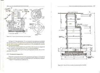 'j)
)
)
)
)
)
)
)
)
)
)
)
)
)
)
)
)
)
106 COLETA E TRANSPORTE DE ESGOTO SANITÁRIO PROJETO DE REDES COLETORAS DE ESGOTO SANITÁRIO
Na figura 4.15 são apresentados TIL em alvenaria e em aduelas pré-moldadas
de concreto armado. O TIL em alvenaria é normalmente utilizado para profundida-
des até 1,80 m, devido a problemas construtivos e o TIL em aduelas de concreto
até 3,0 m de profundidade.
Nos TlLs que recebem trechos em contra-fluxo, deve ser previsto degrau de
10 crn, evitando-se colocação de novos TILs ou caixas de passagem.
No início da rede, onde se prevê futuro prolongamento de rede, deve ser im-
plantado o TIL ou PY.
-+-+-~~~ g =t
3&
~h
;~~
:'. :<'o
~~---+--~----~~ª:~~!
Figura 4.13 - Poço de Visita em alvenaria, com tubo de queda.
4.7.3 Terminal de Limpeza (TL)
)
)
)
) ~~
) ~
i c:..~
)
)
)
TAWÃo P'lDRÃO" 600 mn
o,so
LAJE ·SUPERIOR - PLANTA
FERRAGEM
~ n,o C/ tlan
COBRIMENTO= 2cm-SUPERIOR
".~
B
9N.ÃC
LIGAÇOES NO FUNDO
00 poço
ti-O
I
•vi e.
~..u o
ffi •.
>z
Dispositivo que permite introdução de equipamentos de limpeza, localizado na
cabeceira do coletar. Pode ser usado em substituição ao PV no início dos coletores.
A figura 4.16 apresenta um modelo do TL.
Figura 4.15 - Poço de Visita em aduelas de concreto armado pré-moldado.
107
I
 