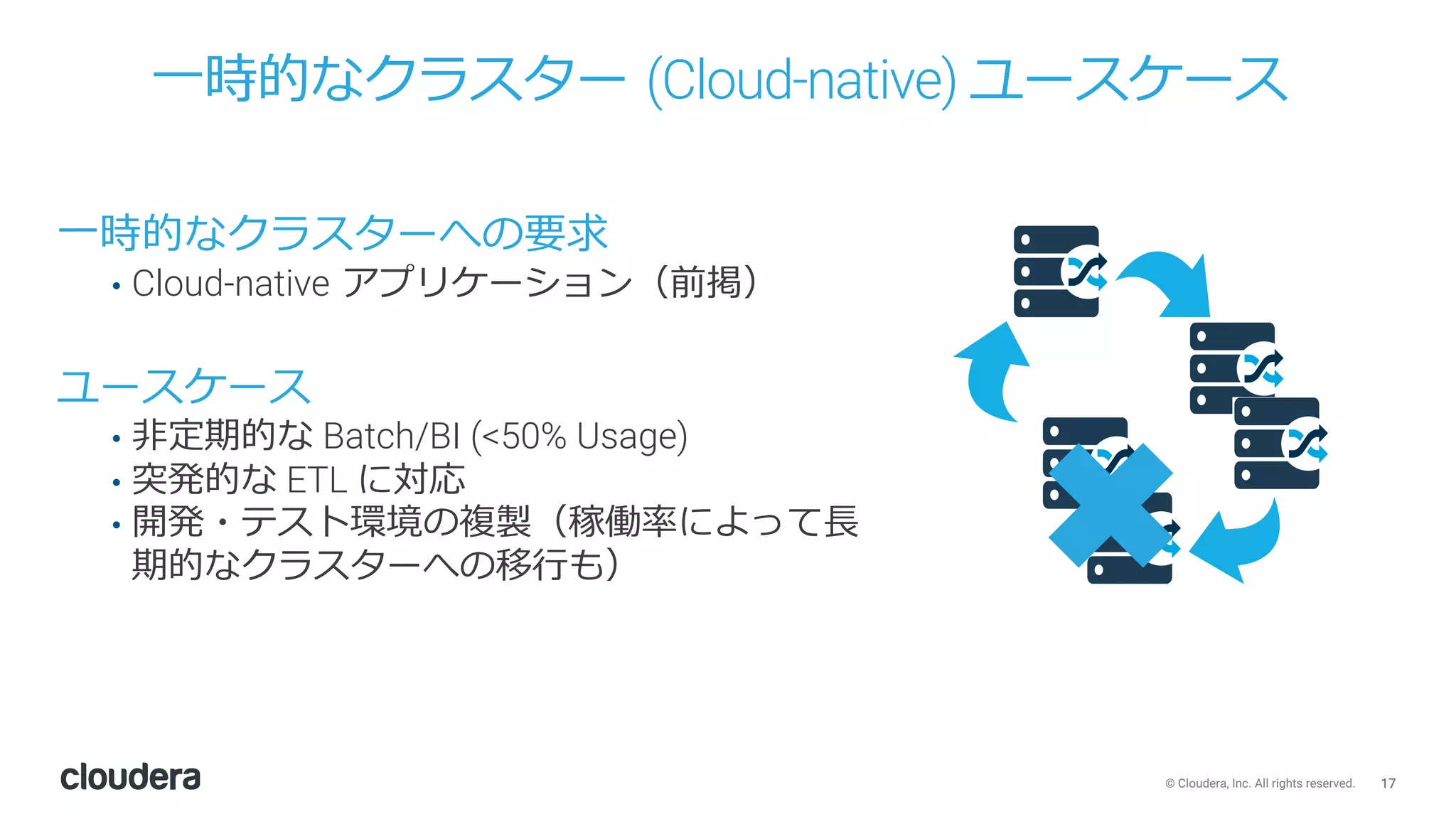 17© Cloudera, Inc. All rights reserved.
⼀時的なクラスター (Cloud-native) ユースケース
⼀時的なクラスターへの要求
• Cloud-native アプリケーション（前掲）
ユースケース
• ⾮定期的な Batch/BI (<50% Usage)
• 突発的な ETL に対応
• 開発・テスト環境の複製（稼働率によって⻑
期的なクラスターへの移⾏も）
 