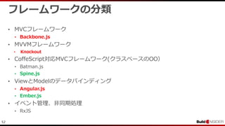 52
フレームワークの分類
• MVCフレームワーク
• Backbone.js
• MVVMフレームワーク
• Knockout
• CoffeScript対応MVCフレームワーク(クラスベースのOO）
• Batman.js
• Spine.js
• ViewとModelのデータバインディング
• Angular.js
• Ember.js
• イベント管理、非同期処理
• RxJS
 